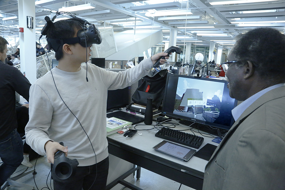 Male student wearing VR headset