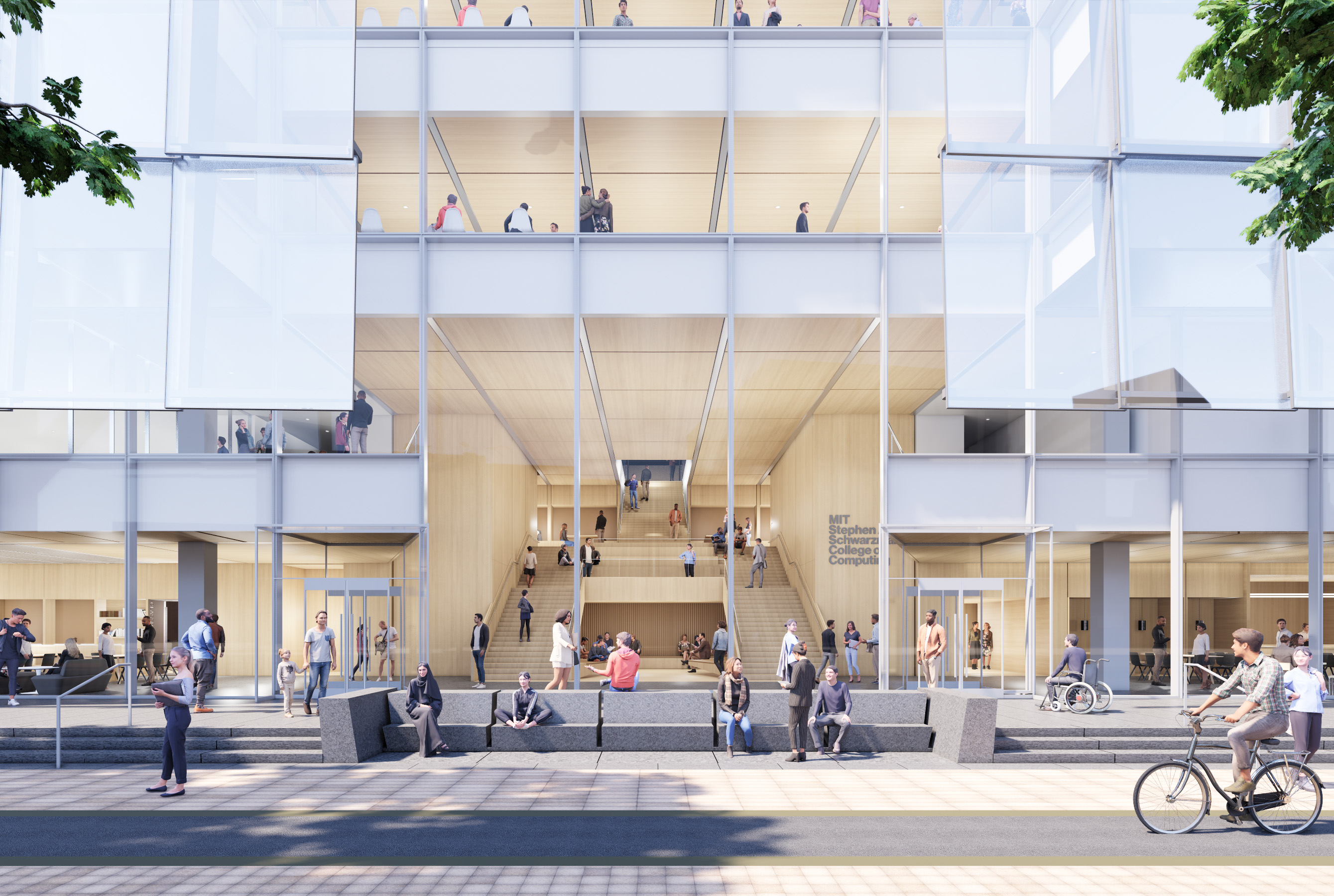 Rendering of bikers and pedestrians in a plaza in front of a glass building.