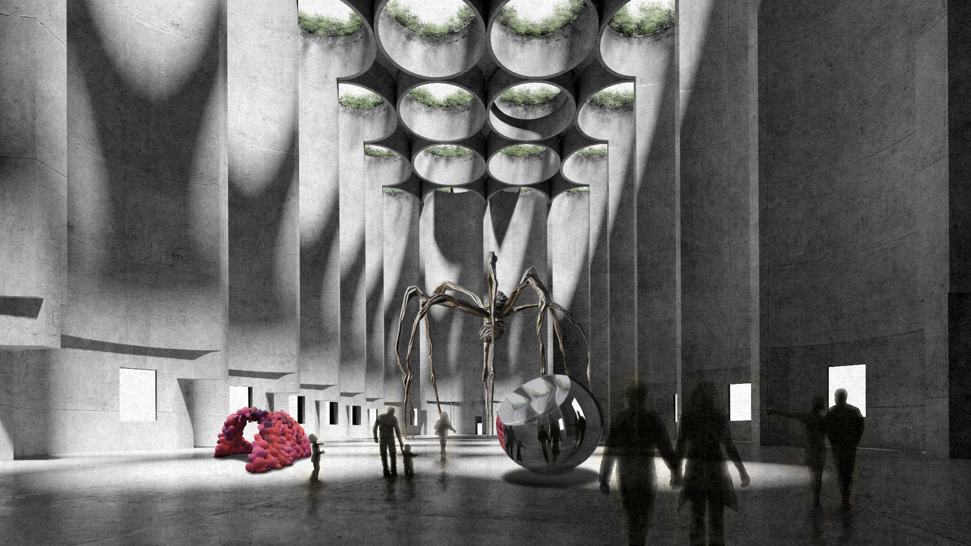 Rendering of a spacious room with a large spider sculpture and a series of round skylights bordered by greenery.