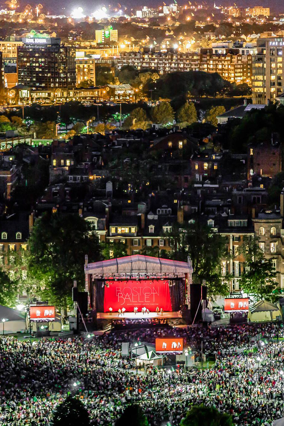 An aerial photo of an outdoor stage for a ballet performance and a large audience at night