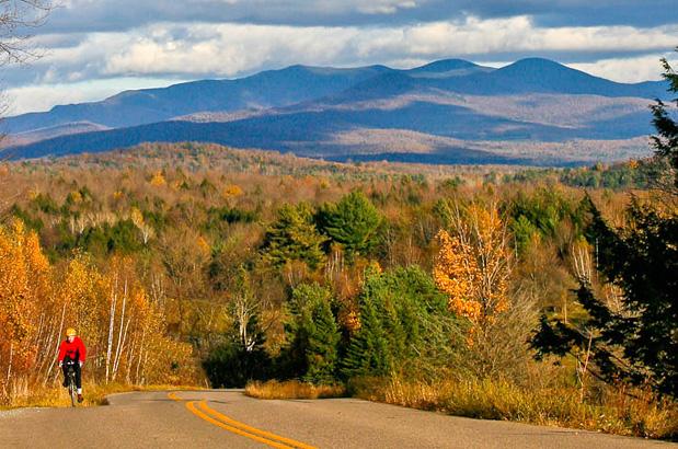 view of autumn colored trees looking down a road with mountains and clouds in the background and a cyclist biking forward on the road