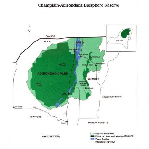 Map with green patches outlining the Champlain Adirondack Biosphere Areas