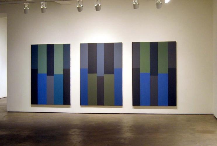 installation of 3 stripe paintings