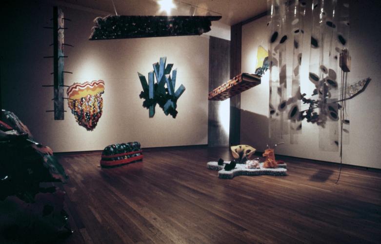 vintage photo of an art installation with lots of sculptures at the Herbert Johnson Museum of Art