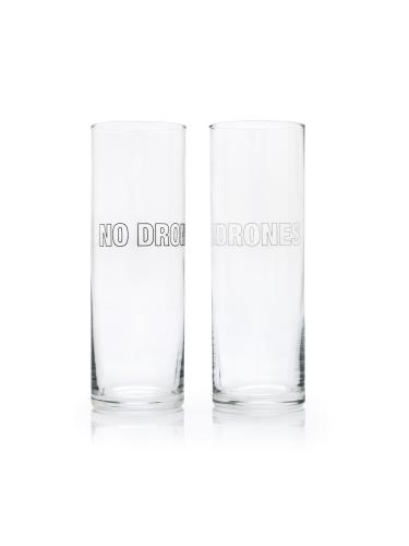 an image of 2 tall drinking glasses with words etched "No Drones"