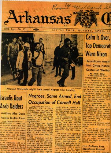 a clipping of a paper from Arkansas that describes the Willard Straight occupation in Ithaca, NY 1969