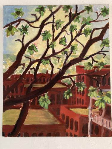 a painting of a tree in the foreground and tops of buildings in the background
