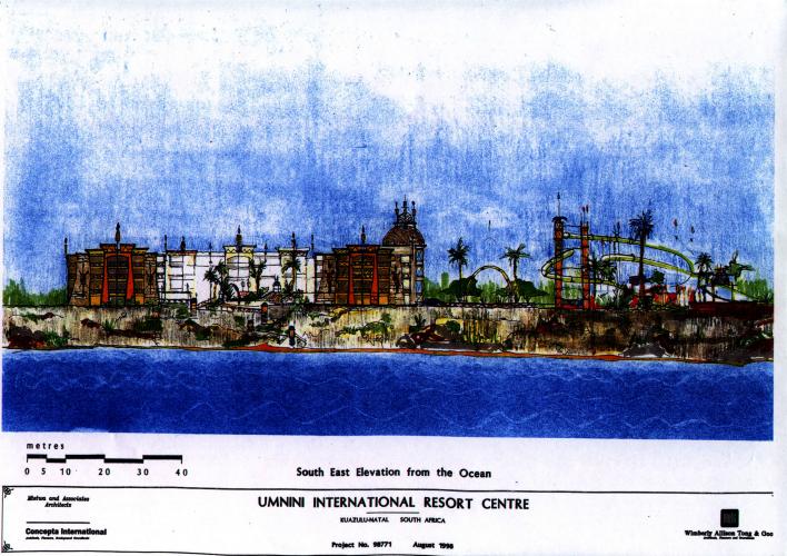 Illustrated view of buildings facing ocean