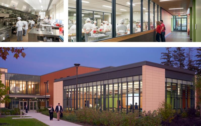 Collage of images of MVCC building exterior and kitchen with chefs