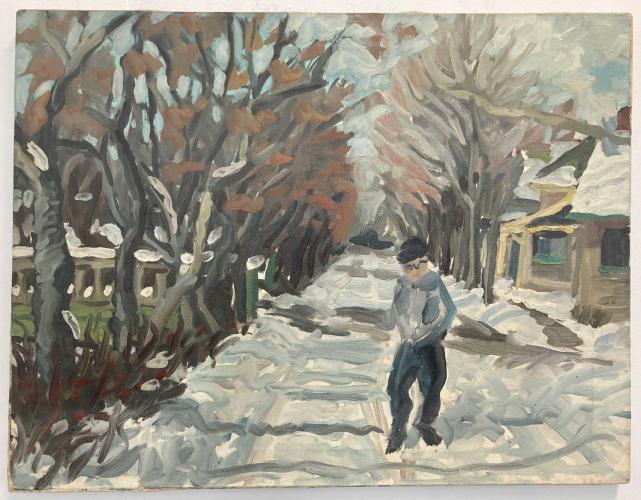 Painting of a person outside in the winter