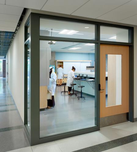 Looking into a science lab from a hallway