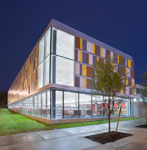 View of library exterior at night