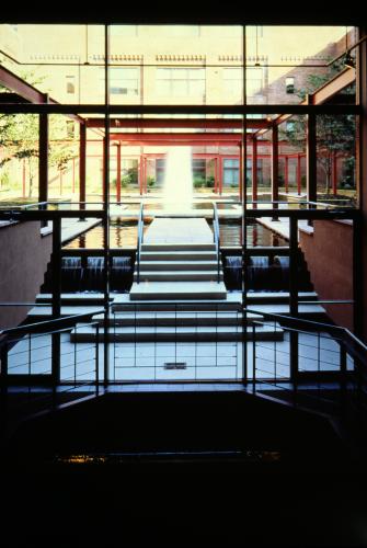 Building exit to courtyard with fountain