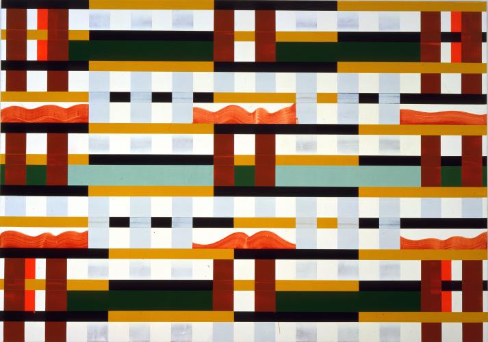 Painting with many squares and rectangles, broken up by orange wavy areas