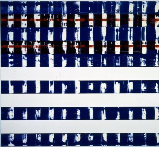 abstracted blue painting with three horizontal white stripes