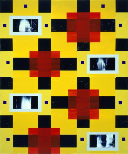 black and red rectangles arranged on a yellow background