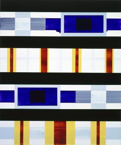Painting with four black horizontal stripes break up rectangles of varying sizes in primary colors and white.