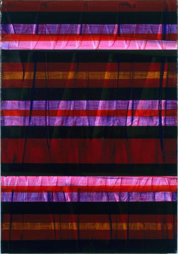 Painting with horizontal rows in brown, black, red, and pink, covered with a semi-transparent layer of purple paint