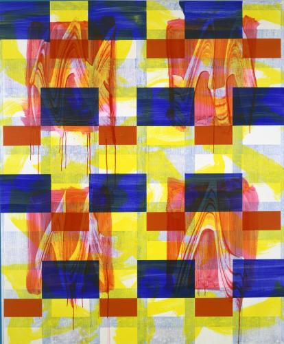 Painting with neat blue and white rectangles, disrupted by semi-transparent, unkempt red rectangles and yellow paint