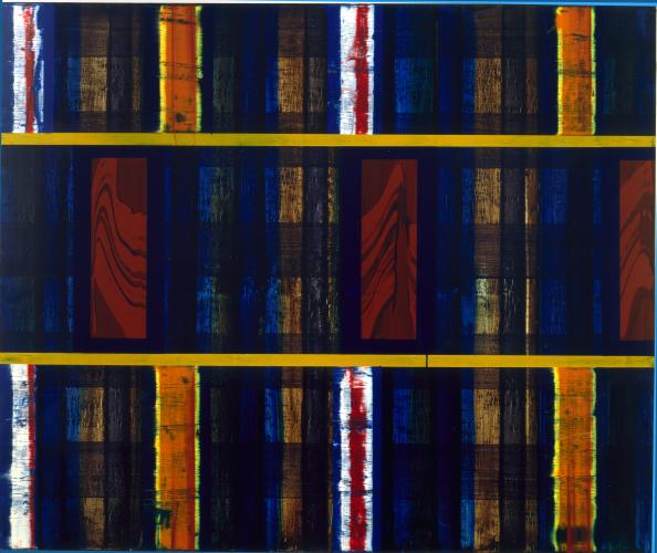 Geometrical painting with three rows of narrow rectangles, covered with semi-transparent layer of blue paint