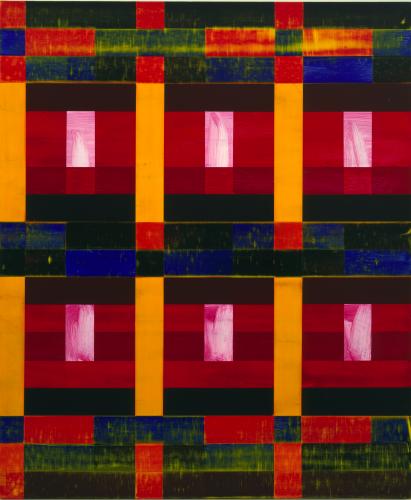 Paintings of rectangles in dark reds, orange, blue, and greens.