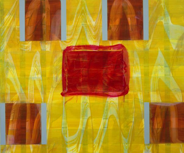 Painting with red and blue rectangles on yellow background