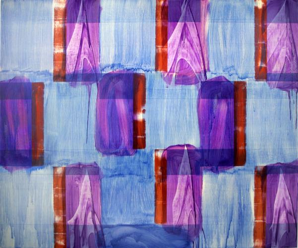 Paintings of rectangles in purple, red, and blue.