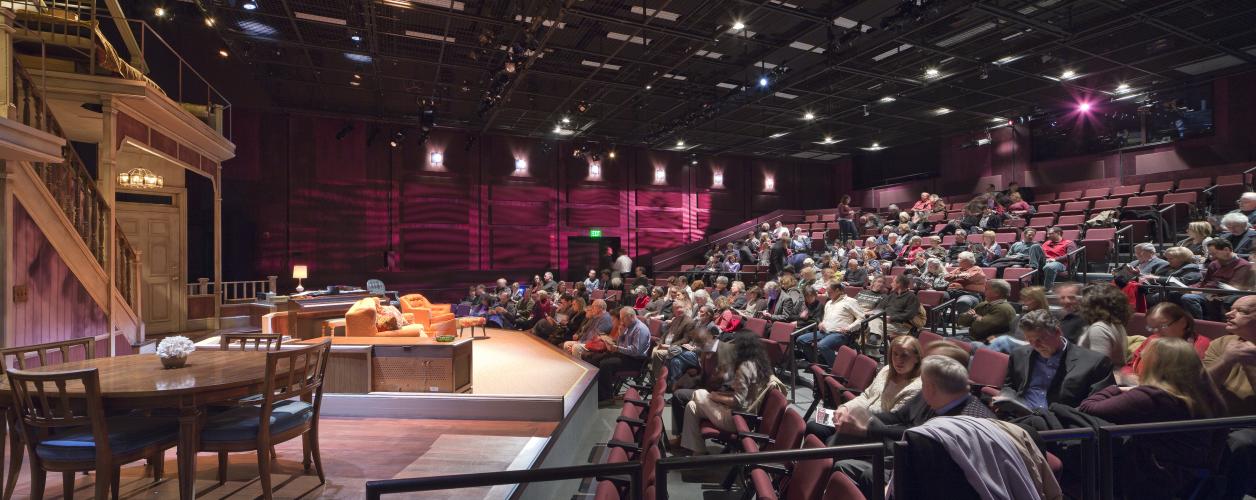 Photo inside a theater, showing audience watching performance.