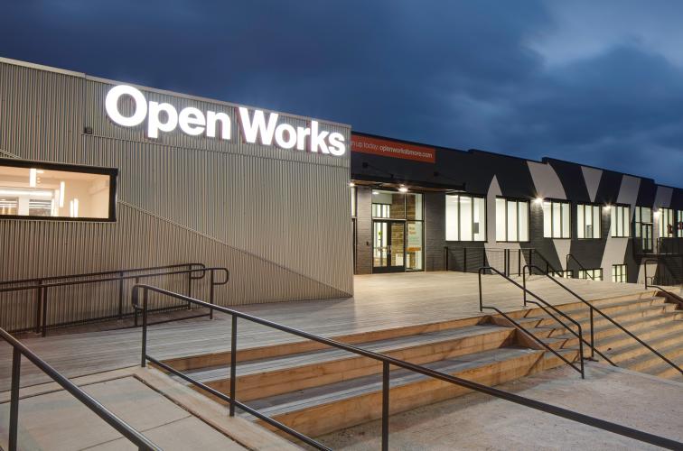 Open Works building exterior at night