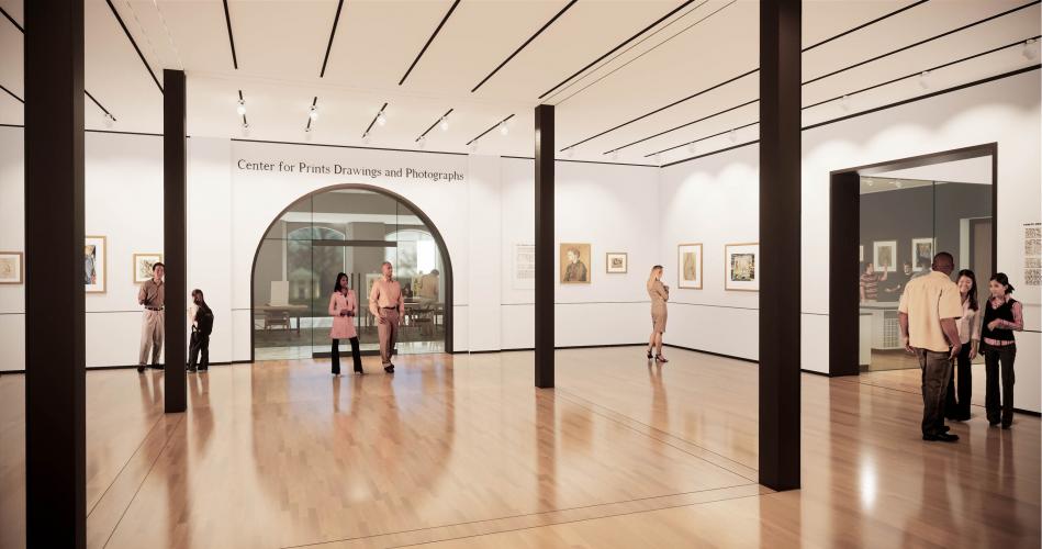 Rendering of a museum gallery with visitors viewing art