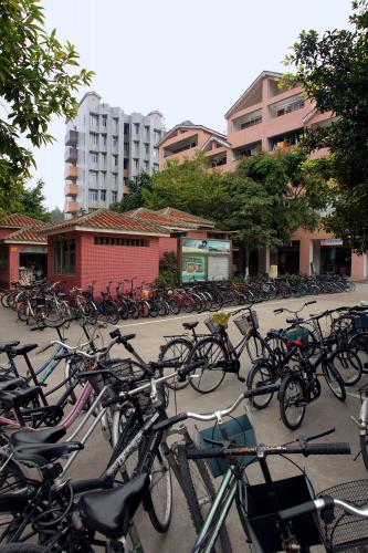 Bikes line the sidewalk in front of small kiosk buildings.