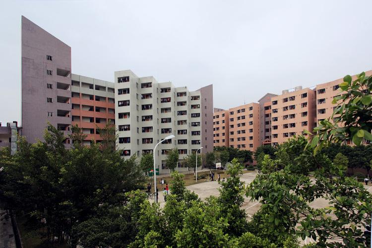 View of grey and brick-colored dorm building exteriors. 