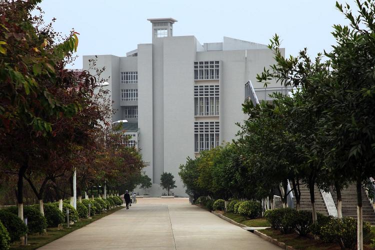 A tree-lined pathway leads to a four-story building.