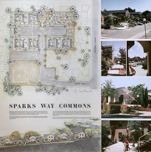 A presentation board shows a colored, drawn plan of the housing complex and photos of the completed housing.