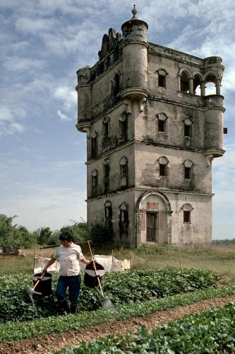 Exterior of masonry tower.