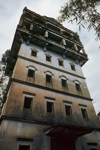 Exterior of masonry tower.
