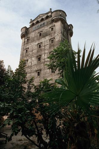 Exterior of masonry tower.