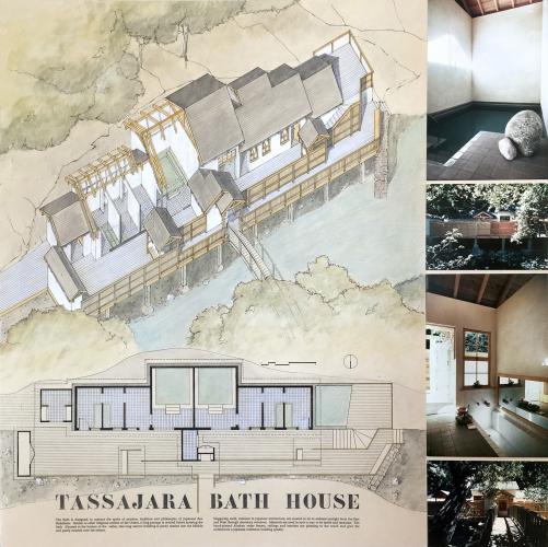 Presentation board depicts plans for the bath house and photos of the finished building interior and exterior.