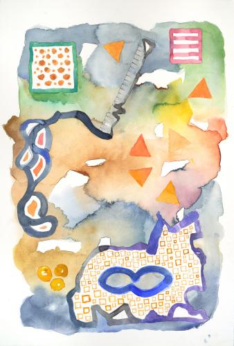 A watercolor painting of geometric shapes over a background of colors blending together.