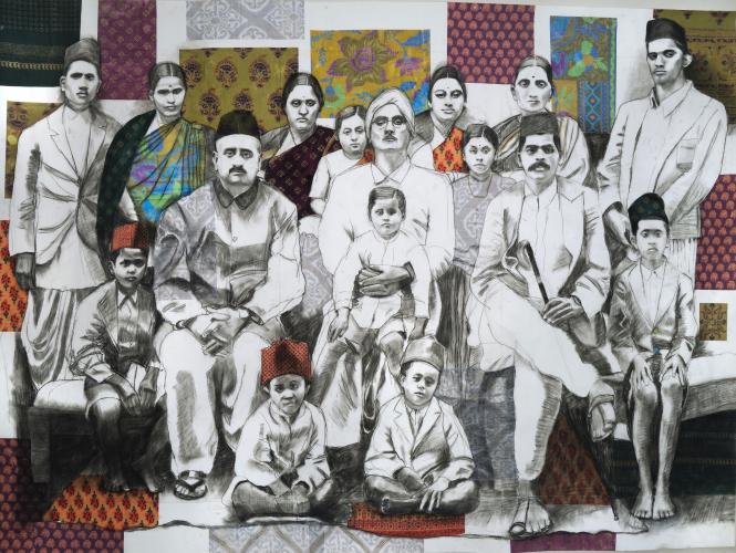 Charcoal portrait of a large immigrant family in front of a background of colored tapestries on a wall.