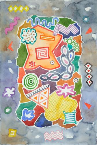 Brightly colored abstract shapes make up an oval-like shape sit in the center of the painting on top of a a background of muddier colors that flow into each other.