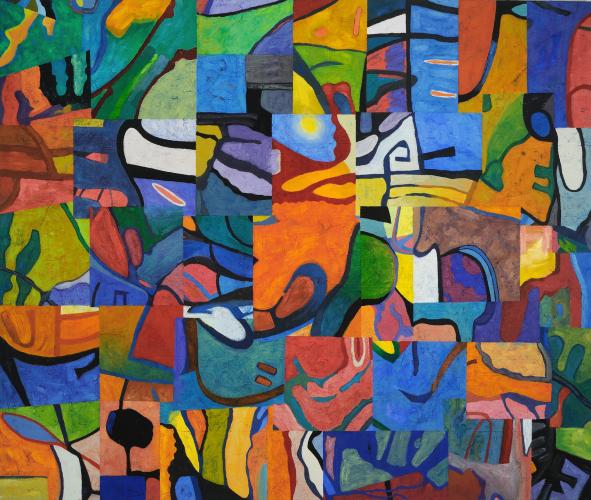 A colorful abstract painting divided into rectangles filled with organic, colorful shapes.