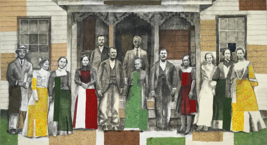 Charcoal portrait of a family in which the men wear suits and the women wear simple Victorian-style, long-sleeved dresses. Blocks of colored patterns appear on the women's dresses, the only areas of color on the people. Blocks of color also appear sparingly on the house behind the family and the ground.