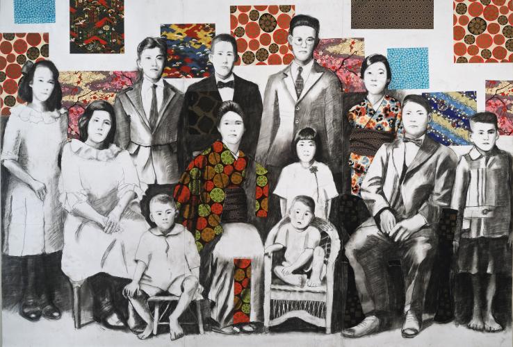 Charcoal portrait of a family. Two of the women were authentic, patterned clothing, painted in color. Rectangles with colorful patterns cover the wall behind the family. 