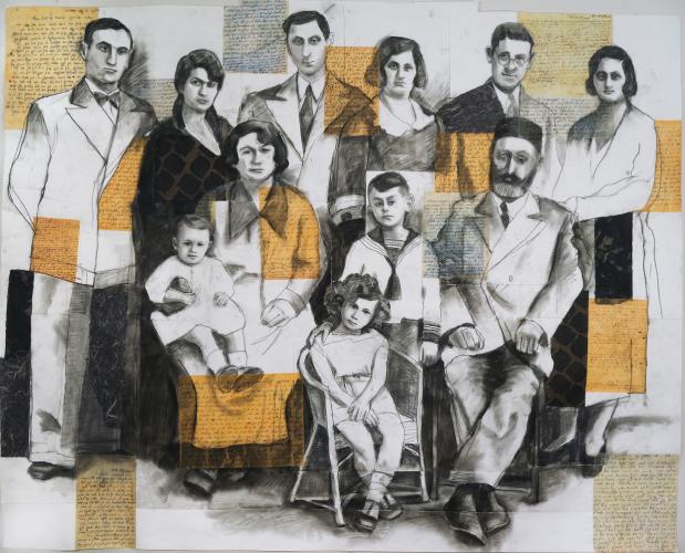 Charcoal portrait of an immigrant family. Orange, semi-transparent rectangles containing writing are placed sparingly across the canvas.