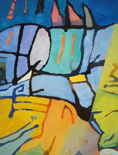 Abstract painting of organic shapes in shades of yellows and blues, outlined in black and accented with red lines and triangular shapes.