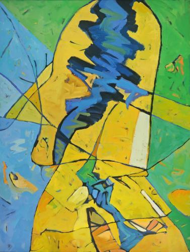 An abstract yellow shape, slightly reminiscent of a profile view of a head, sits at the center of this abstract painting. The background is divided diagonally into two areas of color: a green triangle on the upper right side and a blue triangle on the lower right side. 