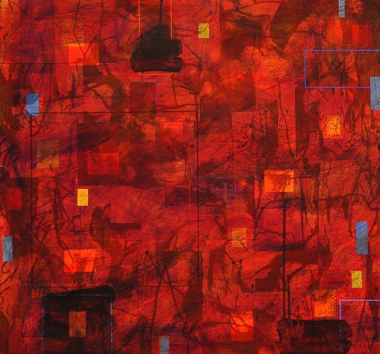 Shades of dark reds make up this moody, abstract painting. 