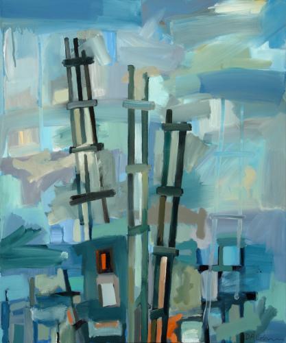 Dark blue lines form abstractly drawn ladders and buildings, over a soft background of varying shades of blue paint strokes. A sparingly used red appears at the base of a ladder and in a building window.