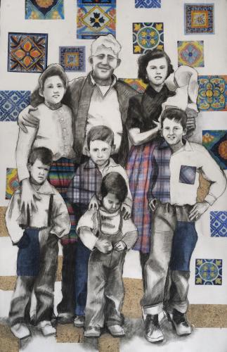 Charcoal portrait of a family. Plaid clothing and areas of denim pants appear in color. Patterned, colorful rectangles also cover the wall behind the family.